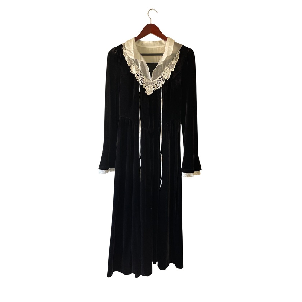 NWT Simple Retro Black Velvet Lace Midi Dress Victorian Gothic Bell Sleeve Large